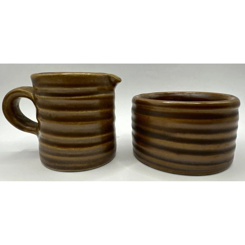 Vintage Hall Ringware Pottery Sugar & Creamer Set Brown Coffee Tea Marked USA